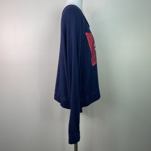 Sundry Top 2 Medium Navy Blue Red Flag Graphic Long Sleeve Shirt Cropped Women's - Picture 8 of 14